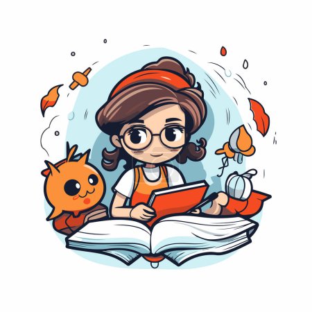 Téléchargez les illustrations : Jolie fille lisant un livre. Illustration vectorielle dans le style dessin animé. - en licence libre de droit