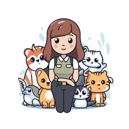 Téléchargez les illustrations : Jolie fille de dessin animé assis avec un groupe de chats. Illustration vectorielle. - en licence libre de droit