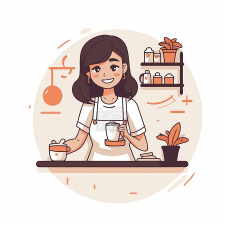 Illustration for Woman barista in apron making coffee. Flat vector illustration. - Royalty Free Image