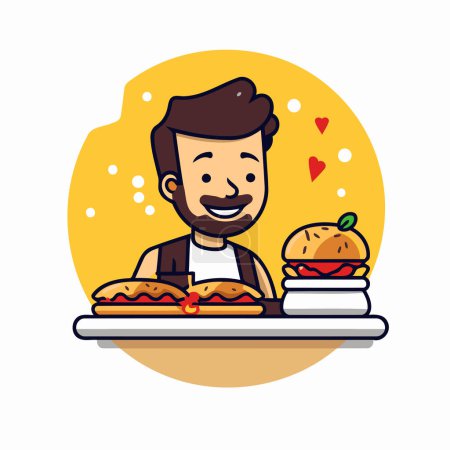 Téléchargez les illustrations : Homme joyeux avec hamburger et gâteau. Illustration vectorielle. - en licence libre de droit