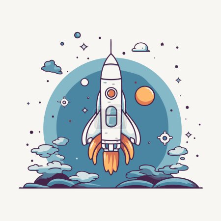 Illustration for Space rocket flying in outer space. Vector illustration in flat style. - Royalty Free Image