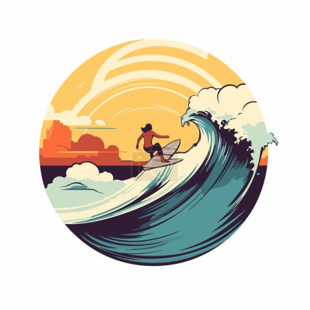 Illustration for Surfer on the wave at sunset. Vector illustration in retro style - Royalty Free Image