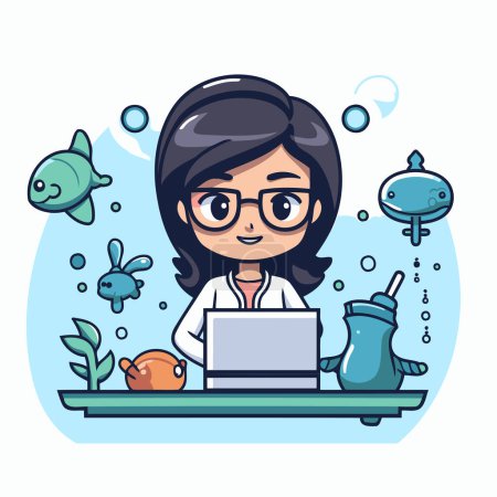 Téléchargez les illustrations : Caricature fille avec ordinateur portable et poisson. Illustration vectorielle dans un style plat - en licence libre de droit