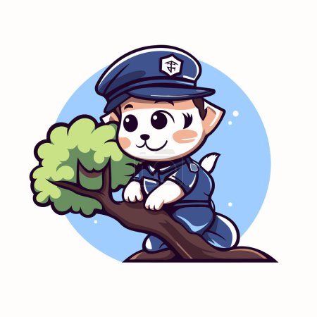 Téléchargez les illustrations : Joli petit garçon en uniforme de police tenant un arbre. Illustration vectorielle. - en licence libre de droit