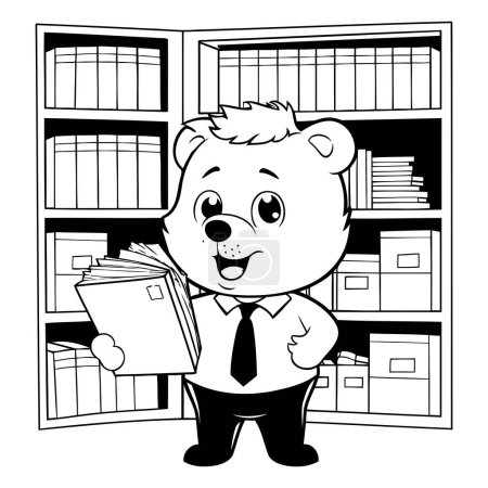 Ilustración de Oso maestro con libros en la biblioteca - ilustración vectorial en blanco y negro. - Imagen libre de derechos