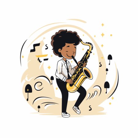 Téléchargez les illustrations : Musicien de jazz afro-américain jouant du saxophone. Illustration vectorielle dans le style dessin animé. - en licence libre de droit