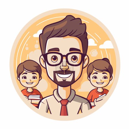 Illustration for Hipster man with kids. Vector illustration in cartoon style. - Royalty Free Image