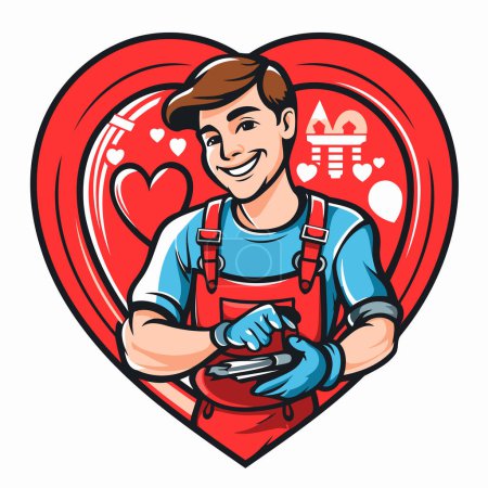Illustration for Vector illustration of a smiling man playing video game with joystick in heart shape - Royalty Free Image