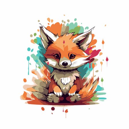 Illustration for Cute cartoon fox sitting on colorful watercolor background. Vector illustration. - Royalty Free Image