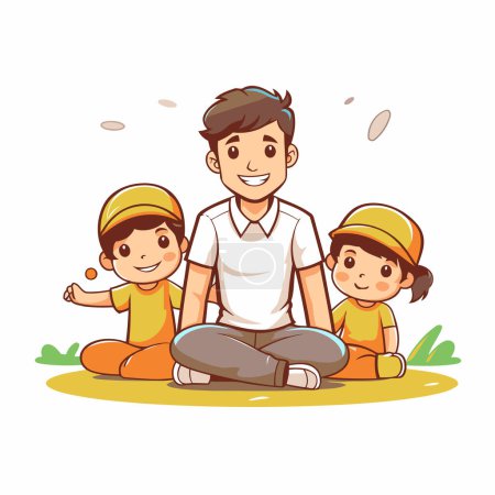 Téléchargez les illustrations : Père avec ses enfants assis sur l'herbe. Illustration vectorielle de bande dessinée. - en licence libre de droit