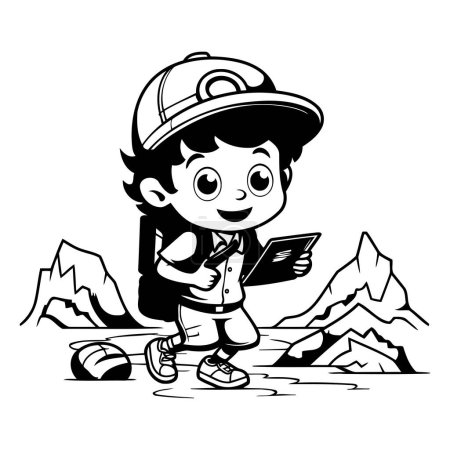 Ilustración de Boy scout con mapa - Ilustración de dibujos animados en blanco y negro. Vector - Imagen libre de derechos