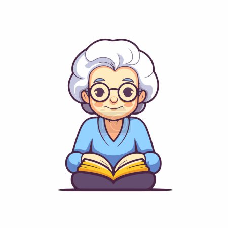 Téléchargez les illustrations : Femme âgée lisant un livre. Un personnage de bande dessinée. Illustration vectorielle. - en licence libre de droit