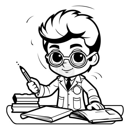 Photo for Black and White Cartoon Illustration of Kid Boy Student Studying with Books and Pen - Royalty Free Image