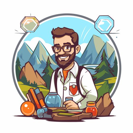 Illustration for Hipster man with a beard in glasses and a white coat. Vector illustration. - Royalty Free Image