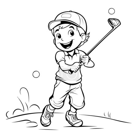 Illustration for Illustration of a Little Boy Playing Golf - Black and White Cartoon Style - Royalty Free Image