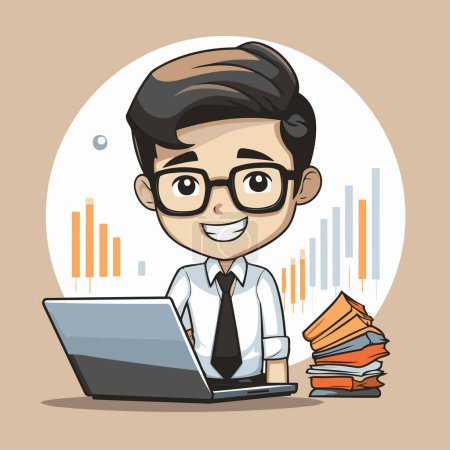 Illustration for Businessman with laptop and pile of books. Vector cartoon illustration. - Royalty Free Image