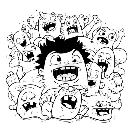 Téléchargez les illustrations : Illustration de dessins animés en noir et blanc de monstres drôles ou groupe de personnages pour le livre de coloriage - en licence libre de droit