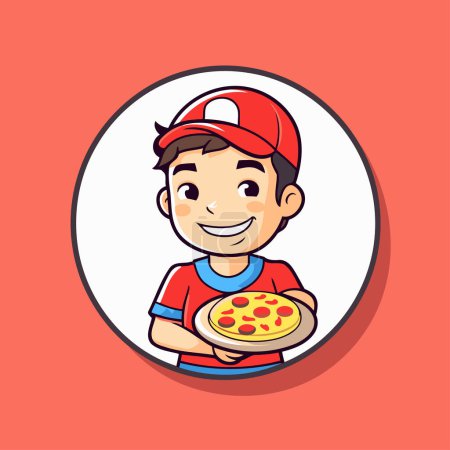 Illustration for Cute boy holding pizza in hands. Vector illustration in cartoon style - Royalty Free Image