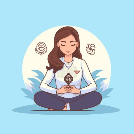Ilustración de Mujer meditando en posición de loto. Ilustración vectorial en estilo plano - Imagen libre de derechos