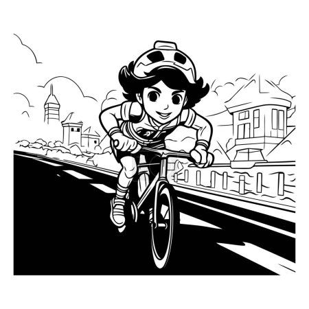Téléchargez les illustrations : Cycliste sur la route. Illustration vectorielle en noir et blanc - en licence libre de droit