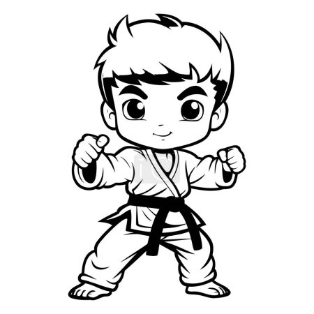 Ilustración de Karate Boy - Ilustración de la mascota de dibujos animados en blanco y negro - Imagen libre de derechos