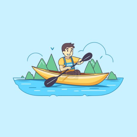 Téléchargez les illustrations : Un homme en kayak sur la rivière. Illustration vectorielle design plat. - en licence libre de droit