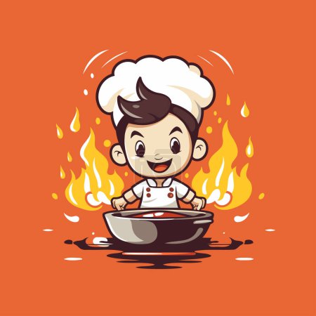 Illustration for Cute boy chef cooking in a pan on fire. Vector illustration - Royalty Free Image