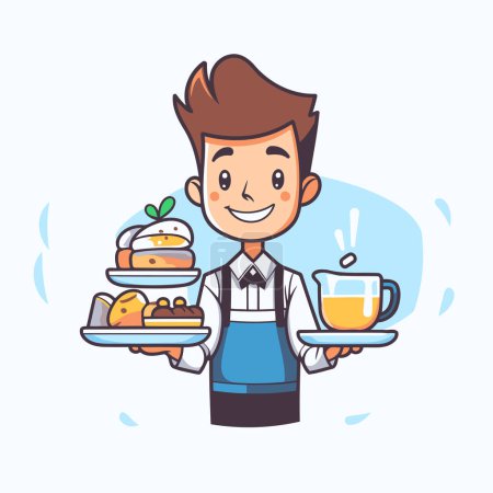 Illustration for Waiter holding a tray of food. Vector illustration in cartoon style. - Royalty Free Image