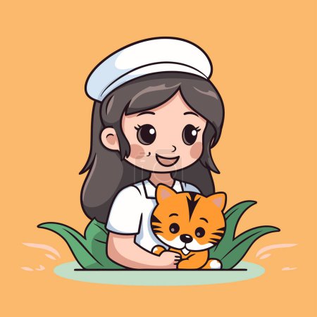 Ilustración de Linda niñita con un gato en sus brazos. Ilustración vectorial - Imagen libre de derechos