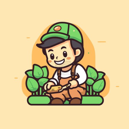 Illustration for Cute boy cartoon character playing in the garden. Vector illustration. - Royalty Free Image