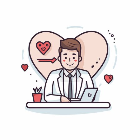 Illustration for Vector illustration of man with laptop and heart on white background. Line art design for web. site. advertising. banner. poster. board and print. - Royalty Free Image