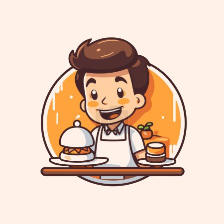 Téléchargez les illustrations : Illustration d'un homme dans un restaurant servant de la nourriture. Illustration vectorielle - en licence libre de droit