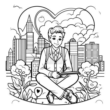 Illustration for Black and White Cartoon Illustration of Young Man Sitting with Laptop or Tablet PC in City Park - Royalty Free Image