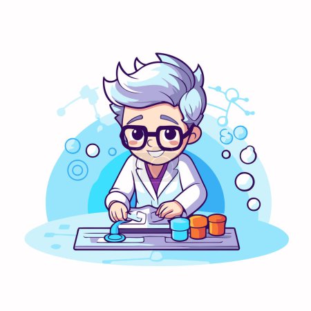 Illustration for Scientist boy working in laboratory. Vector illustration in cartoon style. - Royalty Free Image