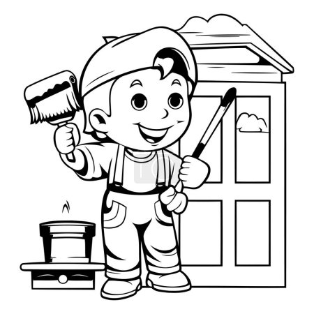 Téléchargez les illustrations : Illustration de bande dessinée de Kid Boy Painting House pour livre à colorier - en licence libre de droit