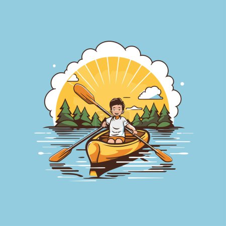 Illustration for Cute boy in a canoe on the lake. Vector illustration. - Royalty Free Image