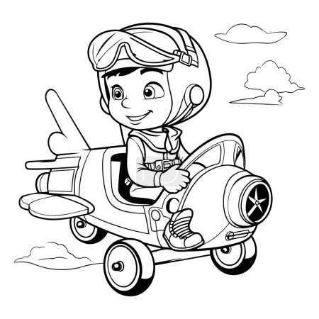 Téléchargez les illustrations : Petit garçon mignon avec avion jouet. Illustration vectorielle de bande dessinée pour livre à colorier - en licence libre de droit