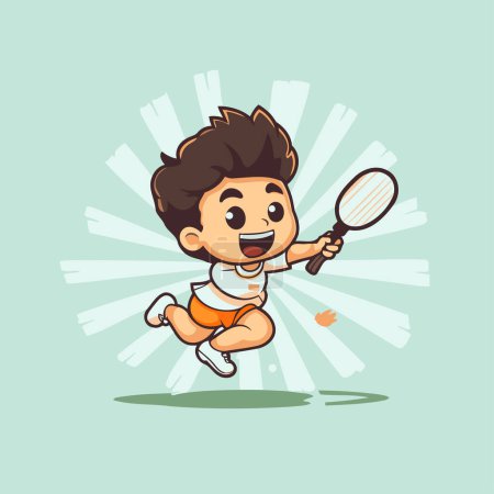 Téléchargez les illustrations : Joli garçon jouant au badminton. Illustration vectorielle de personnage de bande dessinée. - en licence libre de droit