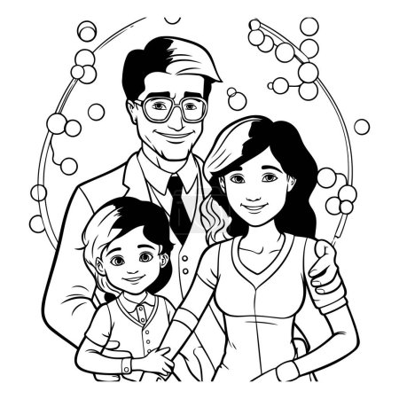 Téléchargez les illustrations : Famille de père. mère et fille en illustration vectorielle noir et blanc graphisme - en licence libre de droit