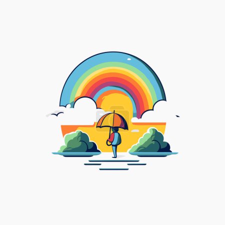 Illustration for Vector illustration of a man with umbrella on the background of a rainbow. - Royalty Free Image