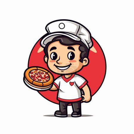 Téléchargez les illustrations : Chef de bande dessinée tenant une pizza. Illustration vectorielle isolée sur fond blanc. - en licence libre de droit