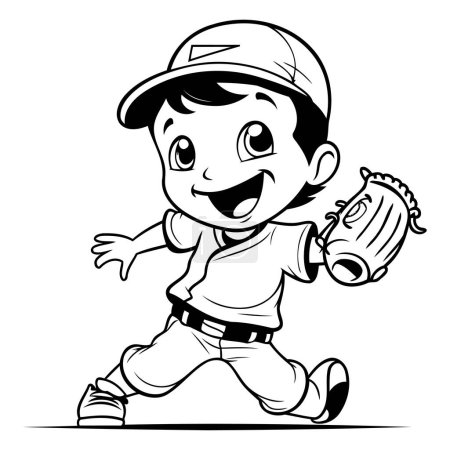 Téléchargez les illustrations : Joueur de baseball - Illustration de mascotte de dessin animé noir et blanc - en licence libre de droit