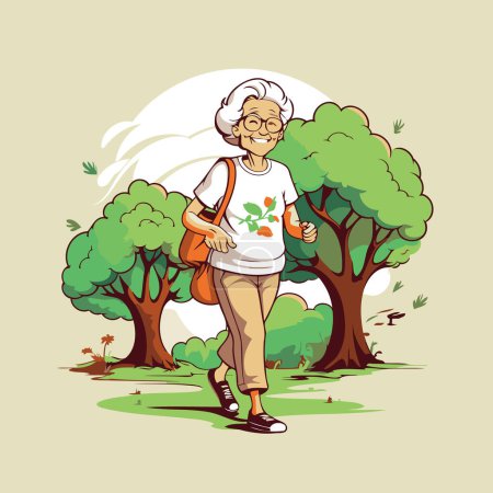 Un anciano caminando por el parque con una mochila. Ilustración vectorial.
