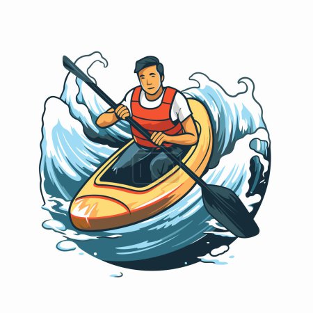 Illustration for Kayak icon. Vector illustration of a man paddling a kayak on a wave. - Royalty Free Image