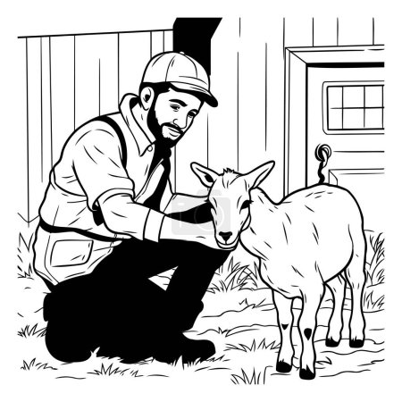 Illustration for Farmer with goat. Black and white vector illustration for coloring book. - Royalty Free Image