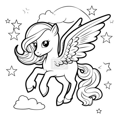 Téléchargez les illustrations : Illustration de dessin animé noir et blanc de Pegasus volant Livre de coloriage de caractères animaliers - en licence libre de droit