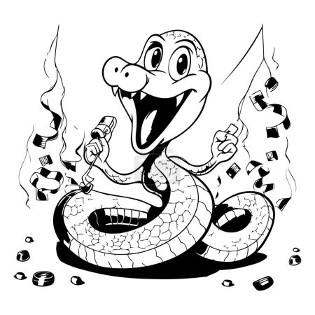 Téléchargez les illustrations : Illustration de dessin animé noir et blanc de cigarette mangeant un serpent pour livre à colorier - en licence libre de droit