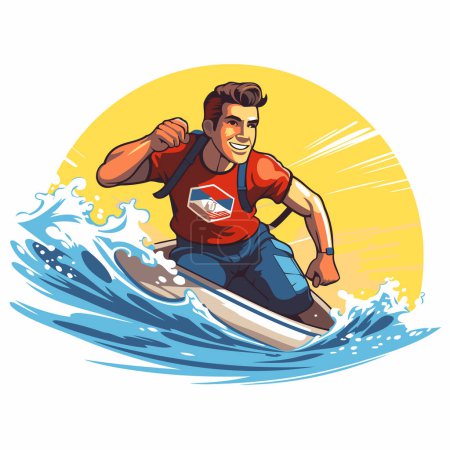 Illustration for Vector illustration of a young man on a surfboard riding a wave - Royalty Free Image