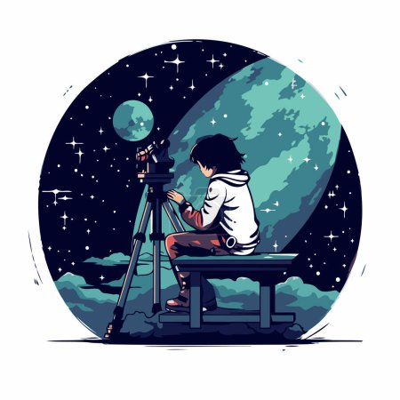 Ilustración de Chica sentada en un banco a la luz de la luna y mirando el telescopio. Ilustración vectorial. - Imagen libre de derechos