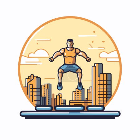 Téléchargez les illustrations : Illustration vectorielle d'un homme en tenue de sport sautant sur le fond de la ville. - en licence libre de droit